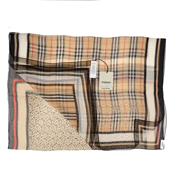 Burberry Scarf Triple Check Stripe Novelty Oblong Silk New - Picture 3 of 5